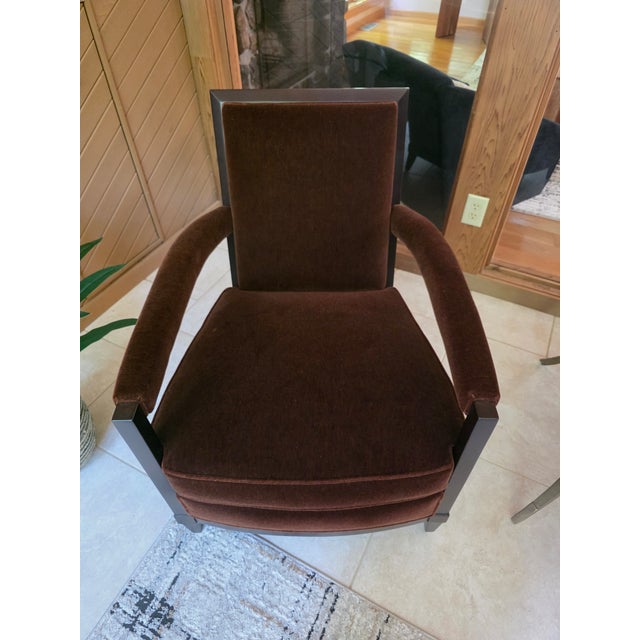 Pair of 50134 Donghia Panama Fauteuil club chairs. Dark brown velvet upholstery. Excellent condition, unused and always...