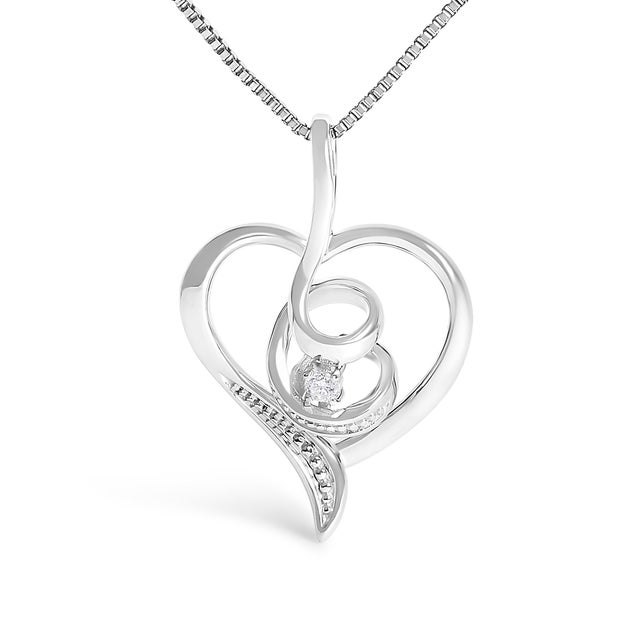 Contemporary Espira 10K White Gold .03 Cttw Diamond-Accented Round-Cut Diamond Swirl Open Heart 18" Pendant Necklace (I-J Color, I2-I3 Clarity) For Sale - Image 3 of 5