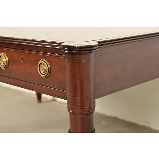 Baker Furniture Stately Homes Collection English Regency Carved Mahogany Leather Top Partner's Desk For Sale - Image 12 of 18