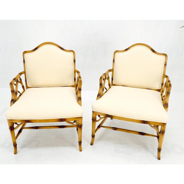 Drexel Pair Faux Bamboo New Virgin Wool Upholstery Lounge Arm Fire Side Chairs MINT! For Sale - Image 4 of 16