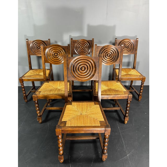 French Farmhouse Turned Wood and Rush Dining Chairs in the style of Charles Dudouyt, 1950s, Set of 6 For Sale - Image 10 of 18