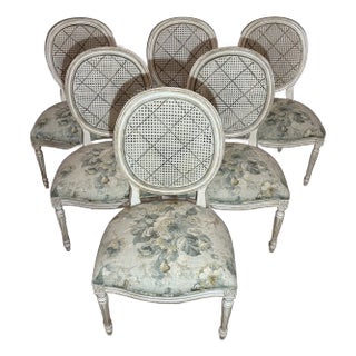 Chrystiane French Inspired Ethan Allen Hand Painted Cane Back Dining Chairs-Set of 6 For Sale