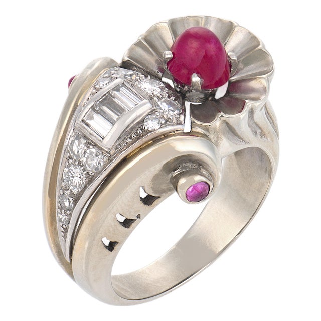 Mid 20th Century Retro Ruby Diamond 18k White Gold Cocktail Ring, Size 6.5 For Sale