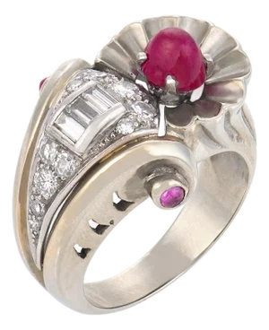Mid 20th Century Retro Ruby Diamond 18k White Gold Cocktail Ring, Size 6.5
