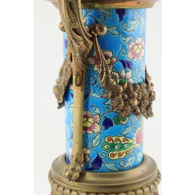 Antique 19th Century French Longwy Enameled Lamp Base With Ormolu Mounts For Sale - Image 6 of 11