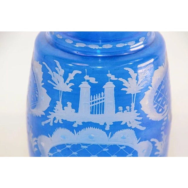 Antique Bohemian Blue Engraved Glass Bottle Covered Decanter For Sale - Image 4 of 13