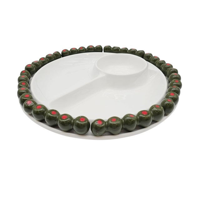 Traditional Mid-Century Modern Olive Motif Appetizer Tray by Sur La Table – Portugal Sectioned 14" Ceramic For Sale - Image 3 of 11