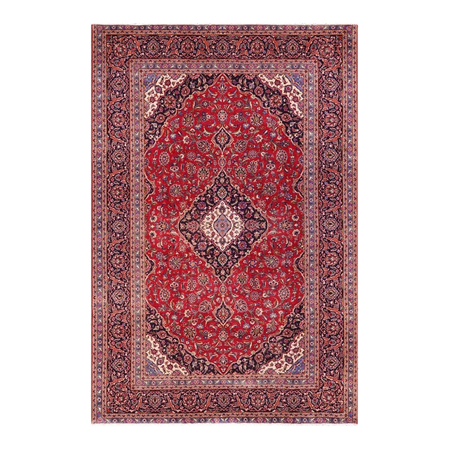 Vintage Retro Kashan Red/Blue Wool Rug - 9'9'' X 12'9'' For Sale