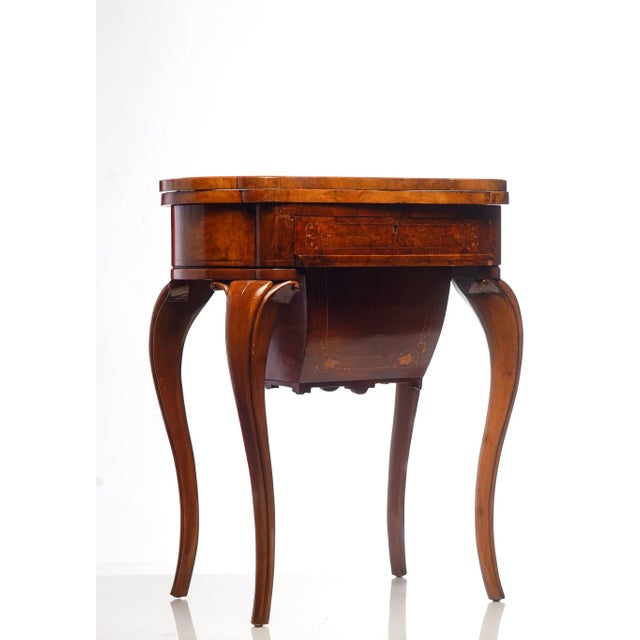 Late 19th c. French Inlaid Games Flip Top Table with single bucket drawer 26.5"W 17"D 30.5"H