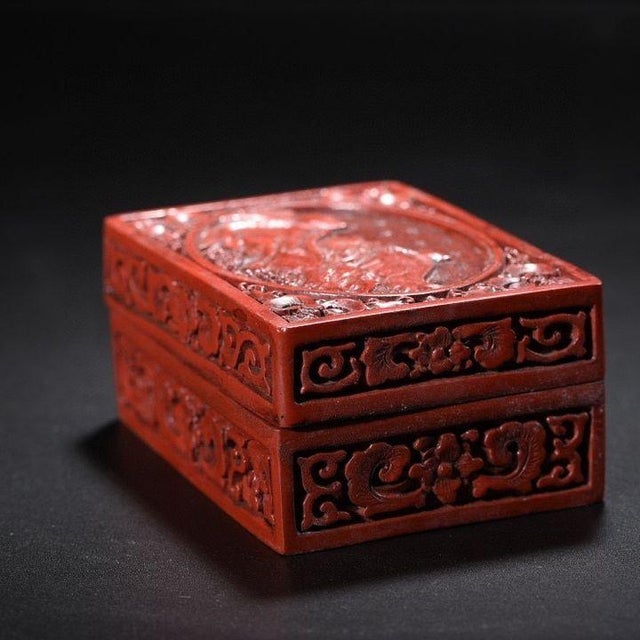 Chinoiserie Red Lacquer Document Box, Rectangular Relief Carved Landscape, Tabletop Decor For Sale - Image 4 of 9