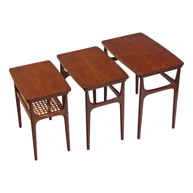 Mid-Century Danish Teak & Cane Nest Tables from H M Møbler, 1950s, Set of 3 For Sale
