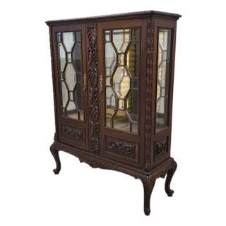 Antique Carved Mahogany French Victorian Style Curio Display Cabinet C1940s For Sale