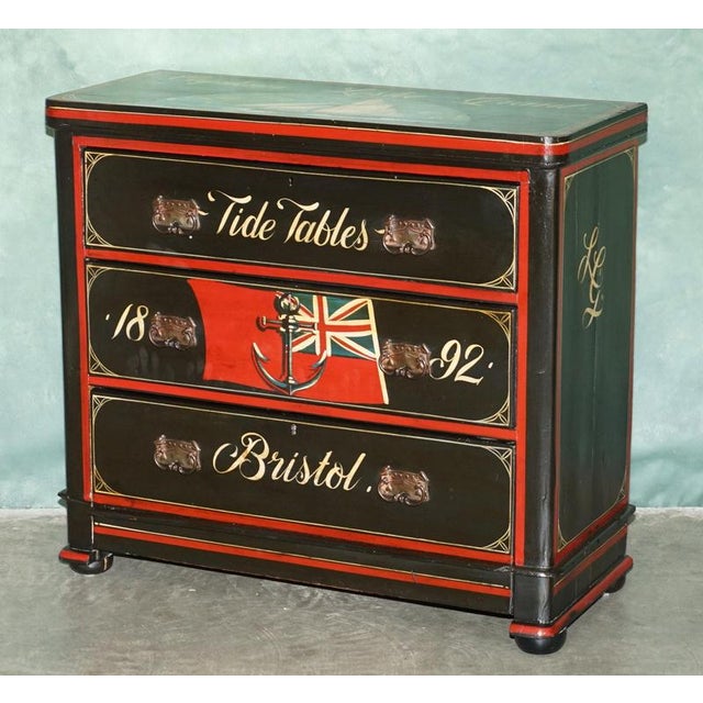 Absolutely exquisite, English hand Painted Pine, 1982 dated, Nautical Ships decorated chest of drawers This chest of...