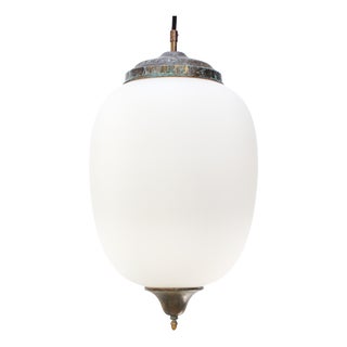 Aged Brass and White Mat Opaline Glass Pendant Light For Sale