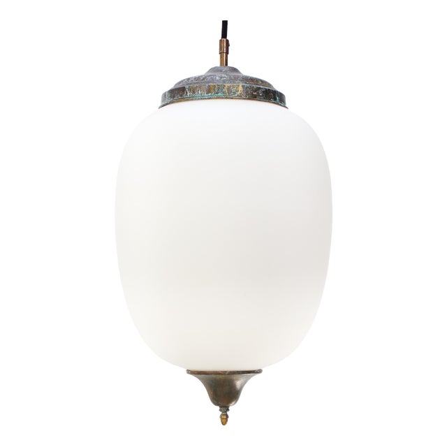 Aged Brass and White Mat Opaline Glass Pendant Light For Sale