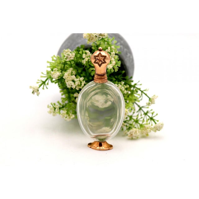 Glass Perfume Bottle with Embossed Gold Base and Lid For Sale - Image 6 of 6
