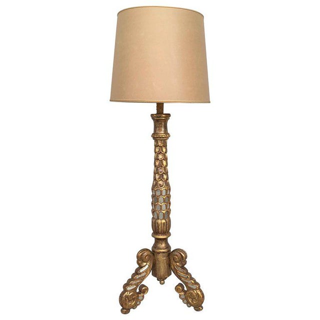 Wood 20th Century Italian Giltwood and Mirrored Floor Lamp or Torchère With Lampshade For Sale - Image 7 of 7