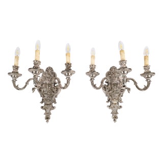 Antique French Silver Plated Wall Lights, 1890s, Set of 2 For Sale