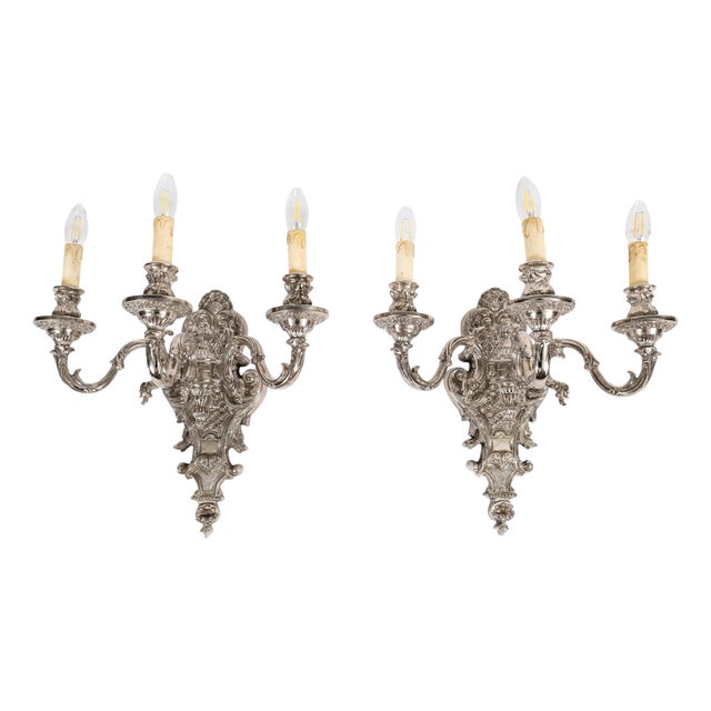 Antique French Silver Plated Wall Lights, 1890s, Set of 2 For Sale