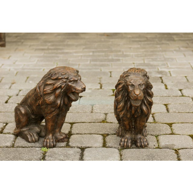 Late 19th Century Pair of Italian 1880s Small Walnut Hand Carved Lion Sculptures with Dark Patina For Sale - Image 5 of 12