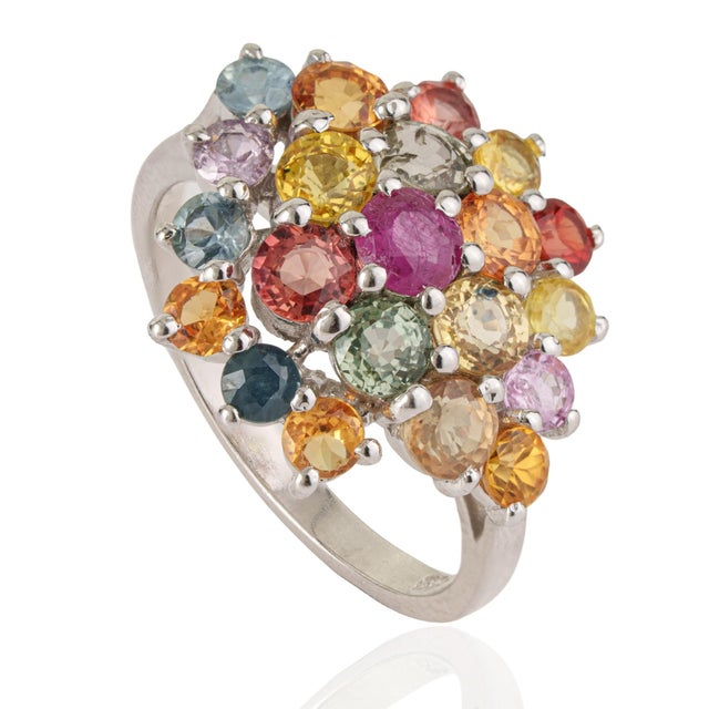 Mid-Century Modern Carat&Her 4.17 Ct Rainbow Sapphire Retro Cluster Ring, Size 5.5 For Sale - Image 3 of 15