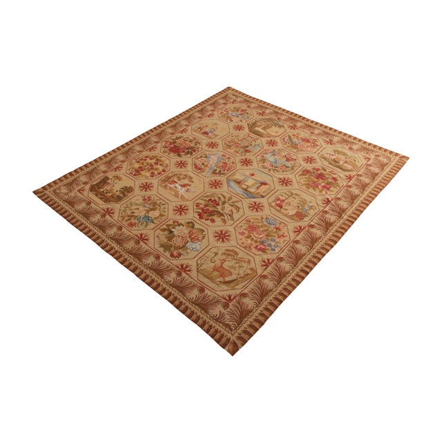 A 6x7 antique rug in needlepoint style, handmade in wool originating from China circa 1980-1990. Outstanding in its rare...