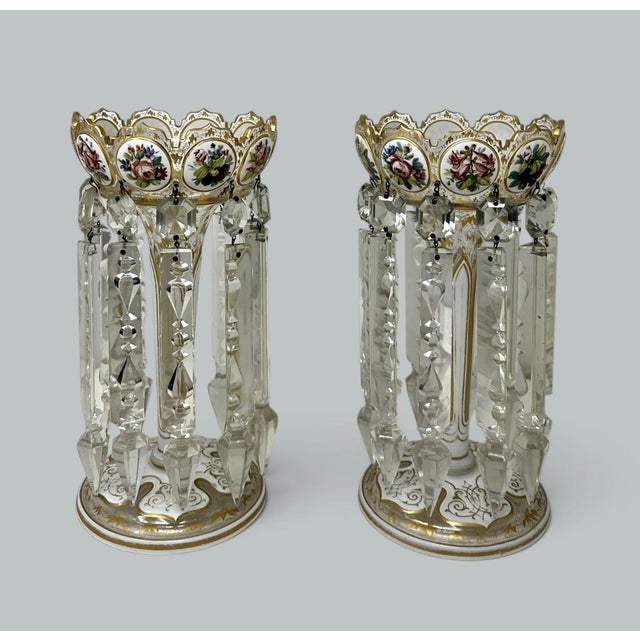 Antique Crystal Glass Bohemian Enamel Pair Overlaid Lusters Candlesticks 19thCt For Sale - Image 4 of 10