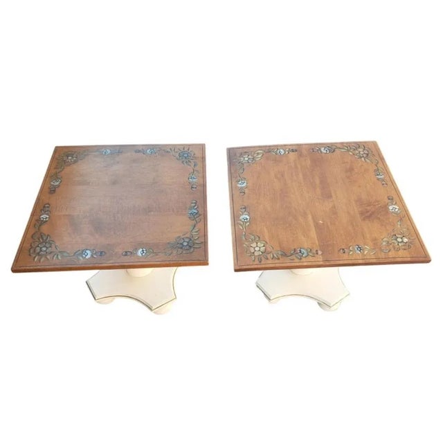 Beautiful pair of Ethan Allen Vintage Hitchcock Style Pedestal Side Tables, Circa 1970s. Good vintage condition. Measures...