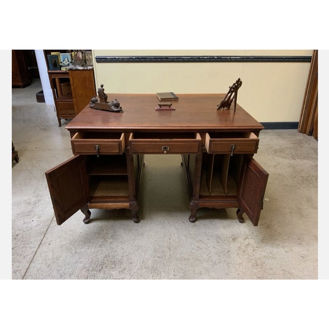 Vintage Double-Sided Desk with Armchairs, 1935, Set of 3 For Sale - Image 4 of 13