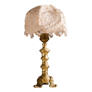 Vintage Brass Base Table Lamp with Hand Sewn Organza Friezes and Pearls Lampshade For Sale