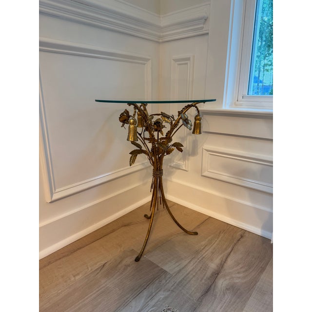 Mid 20th Century Vintage Italian Style Gilt Tole Floral Side Table With Glass Top and Tassel Details For Sale - Image 5 of 5