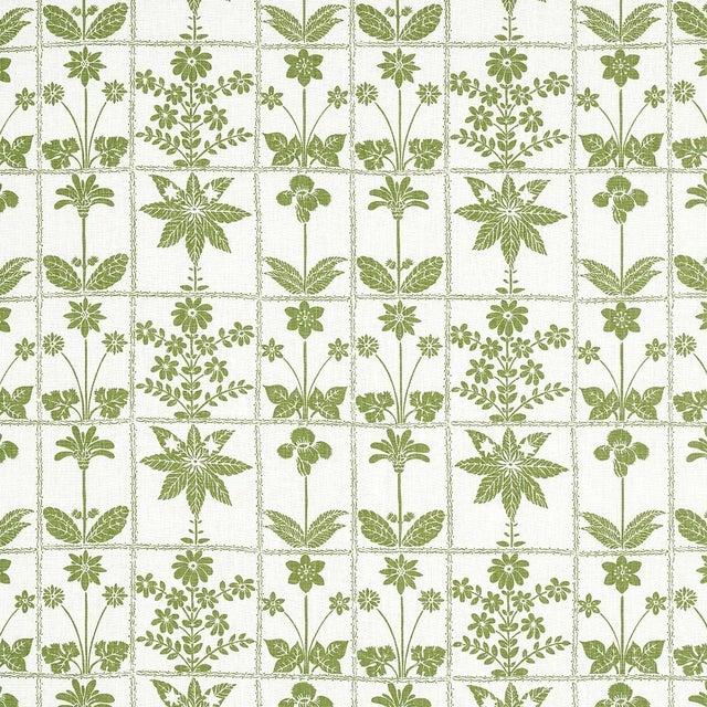 Schumacher Georgia Wildflowers Fabric in Leaf For Sale
