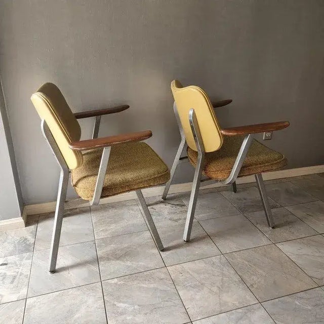 Fabulous Vintage Industrial Modern Two Armchairs Vinyl & Tweed Metal frame steel and aluminum Walnut Wood arms. Made by...
