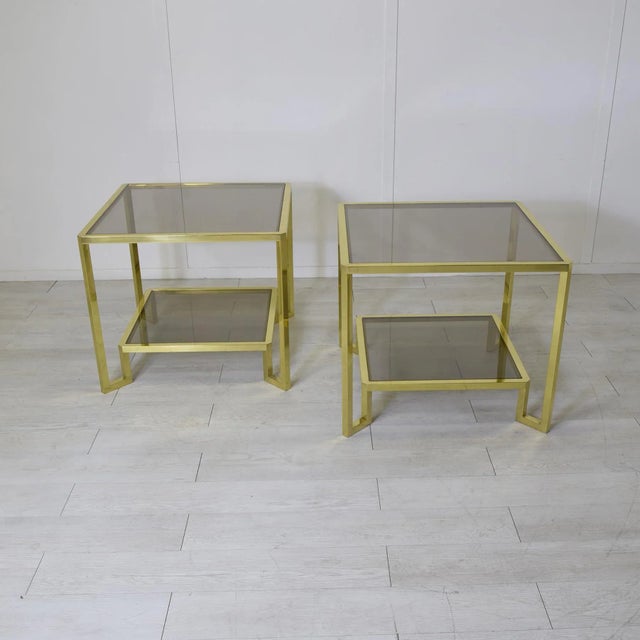 Metal Brass Coffee Tables with Smoked Glass Tops attributed to Guy Lefevre for Maison Janson, 1970s, Set of 2 For Sale - Image 7 of 8
