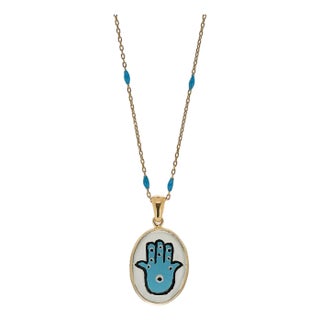 Hamsa Hand Good Fortune Turquoise Pendant Gold Chain Necklace For Sale