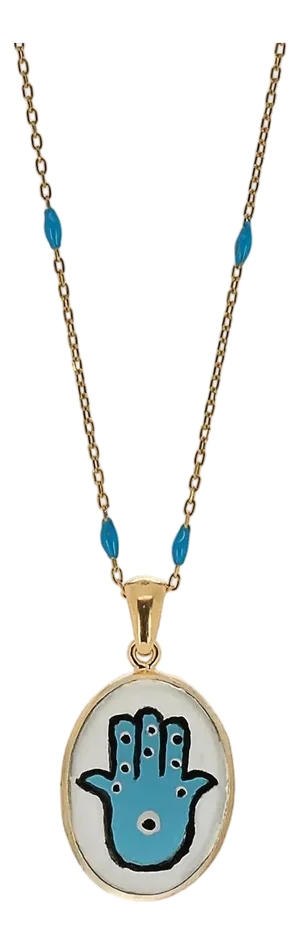 Hamsa Hand Good Fortune Turquoise Pendant Gold Chain Necklace
