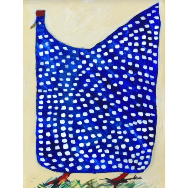 Abstract Original Blue Folk Art Chicken Hen Painting by Ruth Arenz Including the Antiqued Gold Wood Fame For Sale - Image 3 of 5