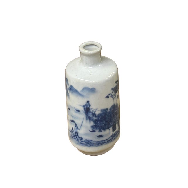 Blue Small Blue White Handpaint Scenery Graphic Porcelain Vase For Sale - Image 8 of 10