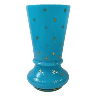 Late 19th Century French Portieux Vallerysthal Blue Opaline Gold Star Glass Vase For Sale