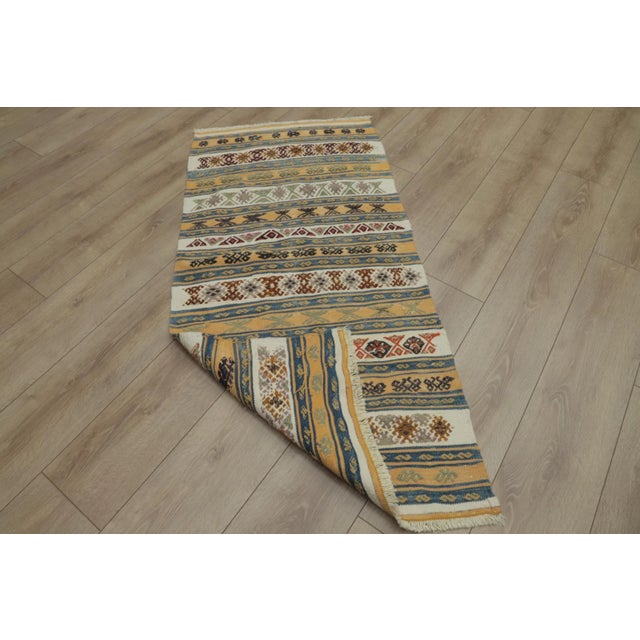 1960s Ethnic Design Ikat Tribal Yellow Striped Kilim Rug For Sale - Image 4 of 13