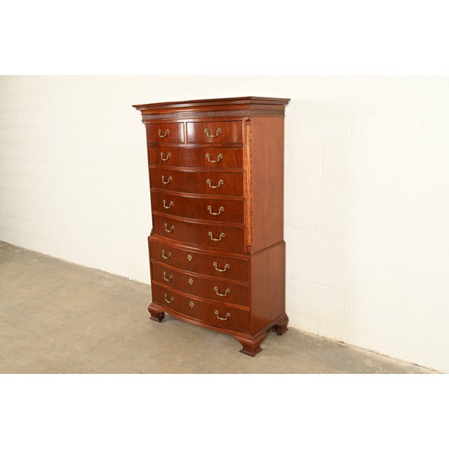 English Baker Furniture Georgian Carved Mahogany Nine-Drawer Highboy Dresser, Circa 1980s For Sale - Image 3 of 14