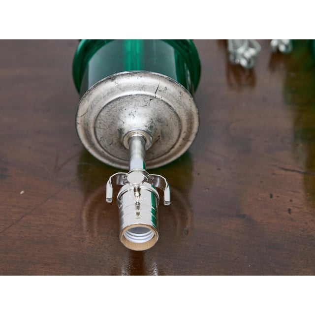 Mid 20th Century Italian Midcentury Ribbed Green Glass Lamps with Silver Bases - Pair For Sale - Image 9 of 9