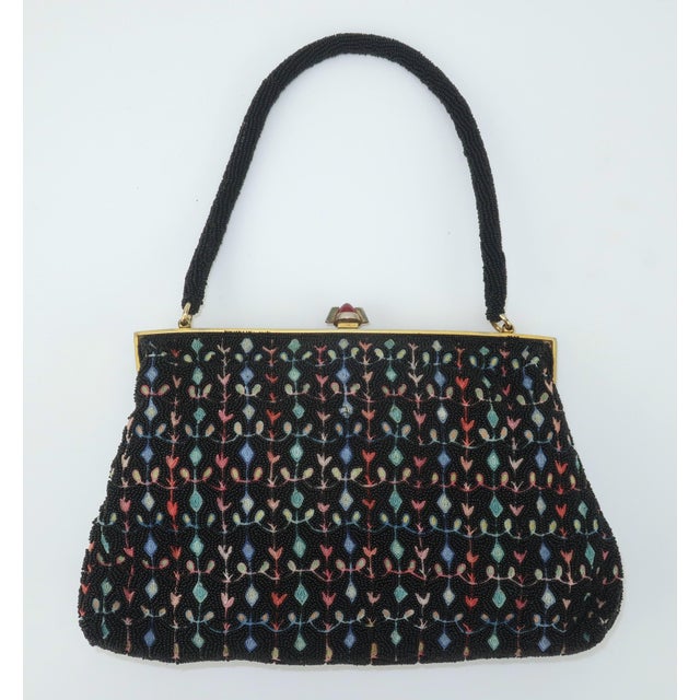 French Black Beaded Handbag With Floral Embroidery, 1950's For Sale - Image 4 of 12