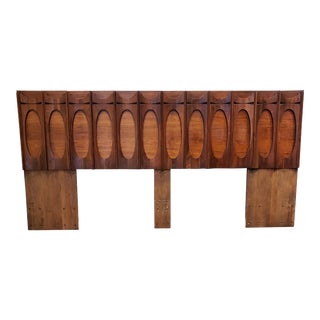 Mid Century Modern Broyhill Style Brutalist King Size Walnut Wood Headboard Made in Canada For Sale