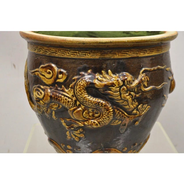 Vintage Chinese Brown Glazed Ceramic Dragon Cachepot Planter Pots - a Pair For Sale In Philadelphia - Image 6 of 13
