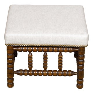 19th Century English Turned Bobbin Legs Stool with Linen Upholstery For Sale