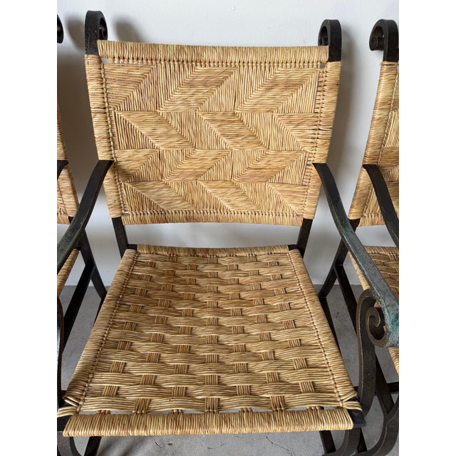 Metal Organic Modern Hand-Wrought Iron & Woven Raffia Armchairs – Set of 4 For Sale - Image 7 of 13