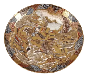 Antique Meiji 19th Century Japanese Satsuma Earthenware Plate with Samurai Warriors, 1890s