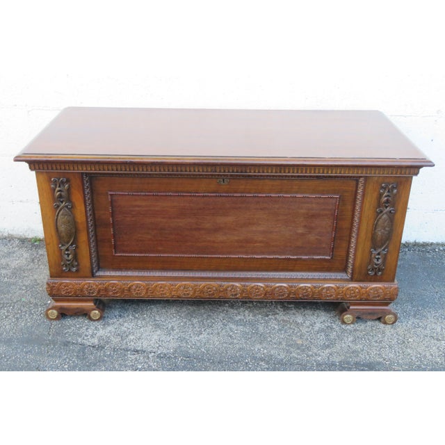 Early 20th Century Early 20th Century Large Carved Bench Cedar Chest Blanket Trunk For Sale - Image 5 of 12