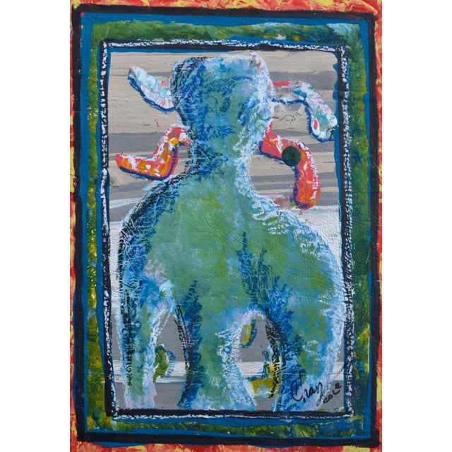 Brightly colored figurative abstract, tempera and oil pastel on cardboard. Irregular perimeter. Signed and dated "Chaz...